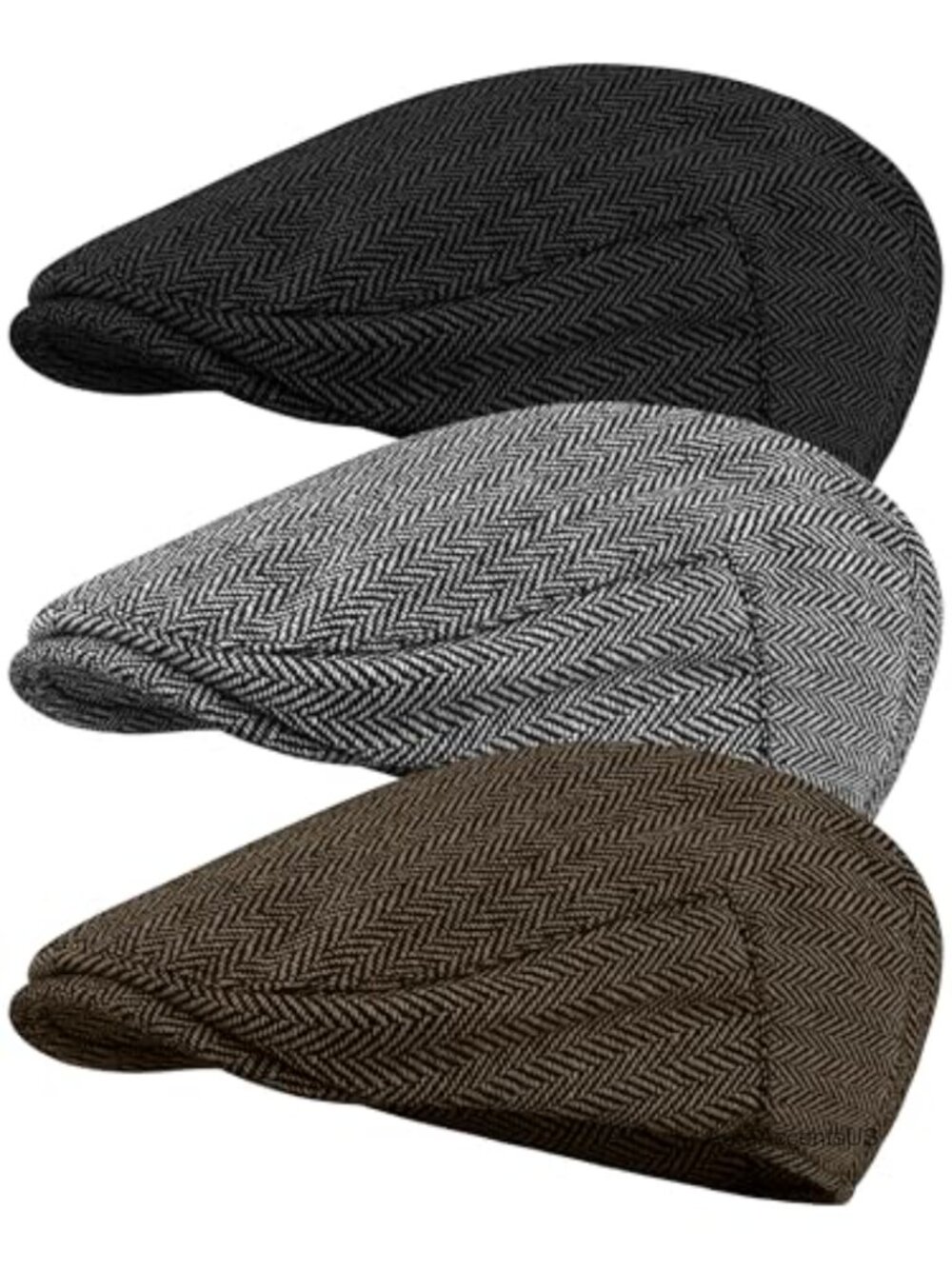 3 Pack Men's Herringbone Tweed Newsboy Cap Cotton Polyester Cabbie Hat